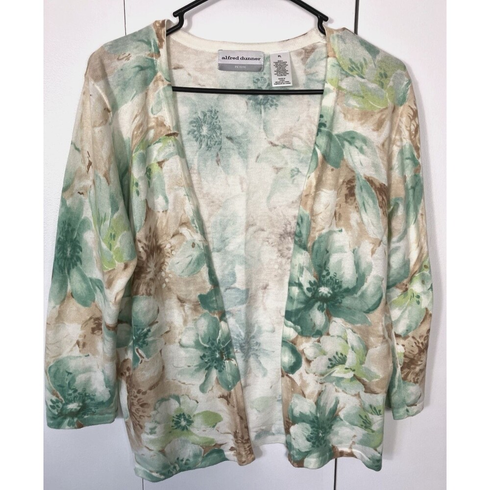 Alfred Dunner Green Floral Knit Open Sweater Size Petite Large